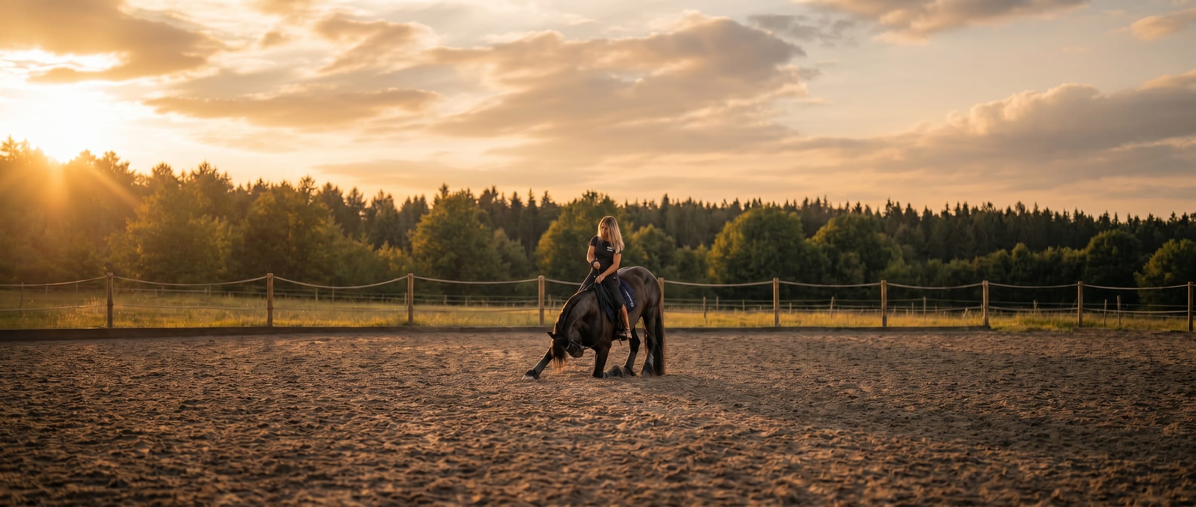 Angélique Jollivet and her horse bowing at sunset
